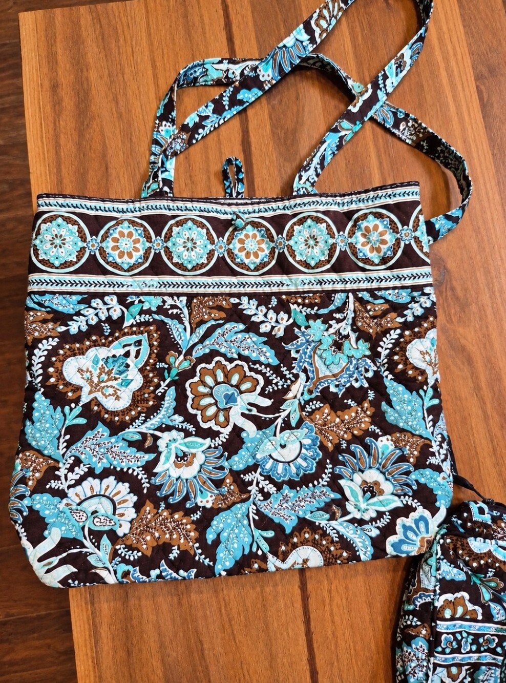 Vera Bradley Brown and Turquoise Purse And Makeup Bag SET